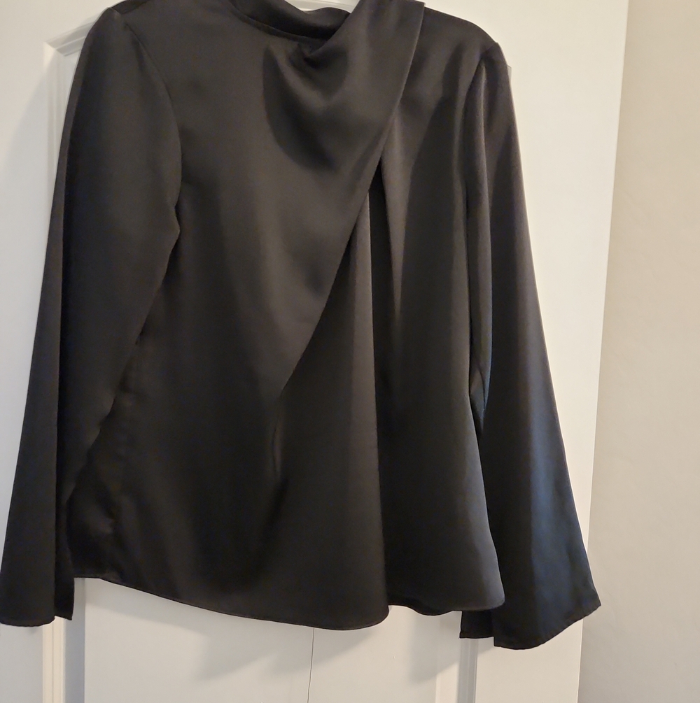 Gibson Latimer Black Satin Draped Long-Sleeve Blouse